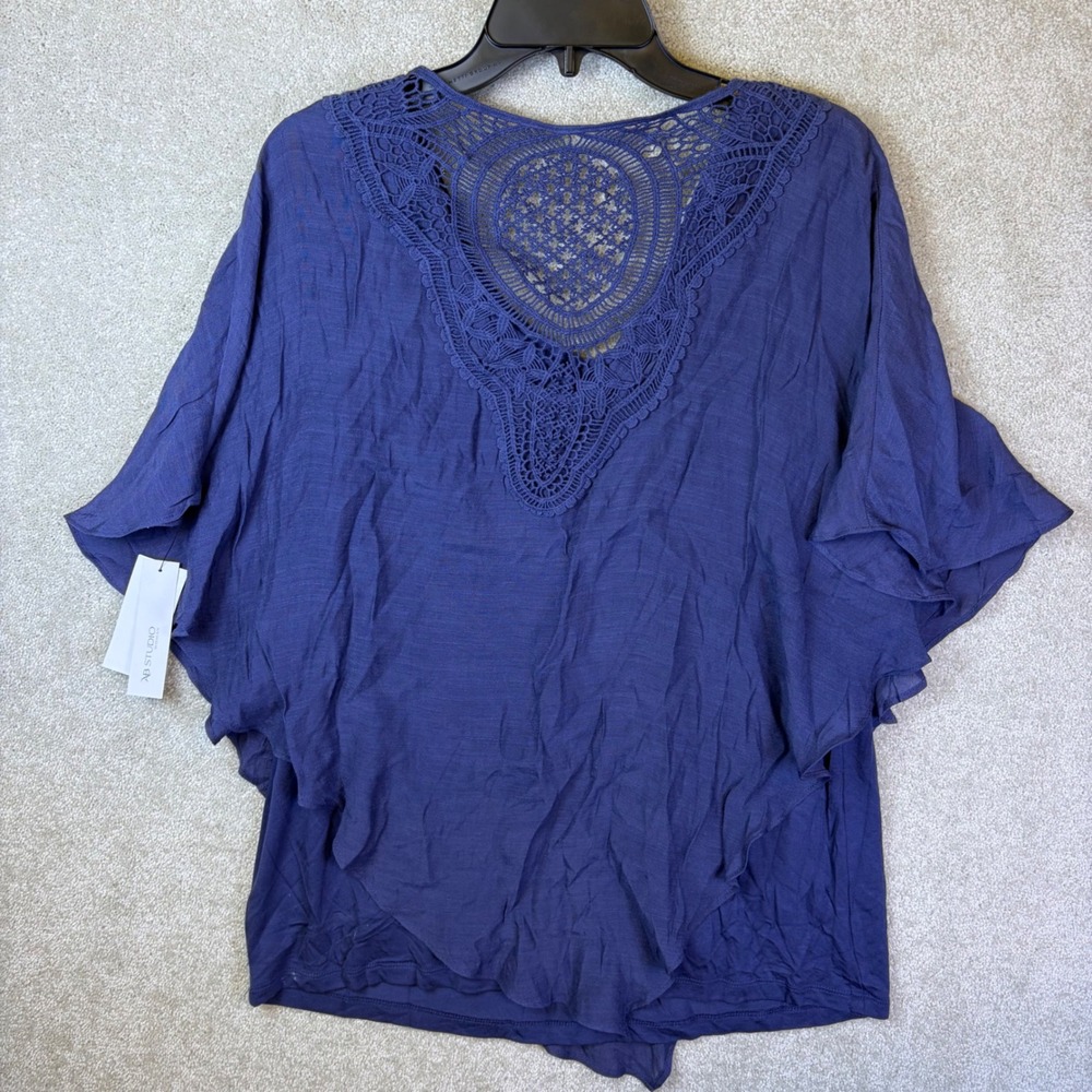 AB Studio Crochet Back Flutter Sleeve Top Woman 0X Navy Blue Boho 3408641 READ
